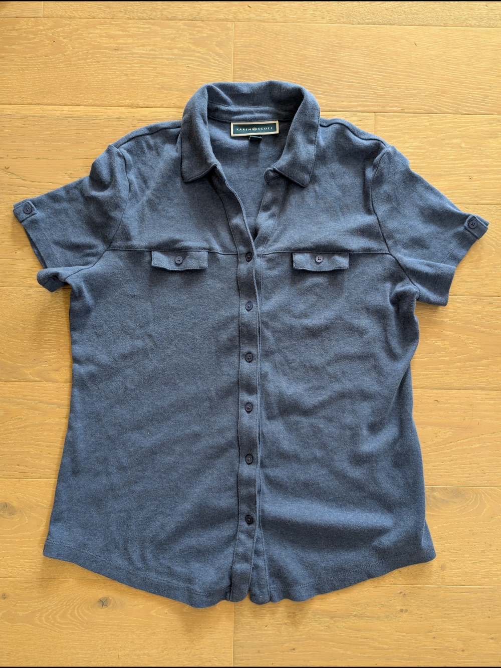 Women's Short Sleeve Button-Up Shirt - Blue Soft Cotton